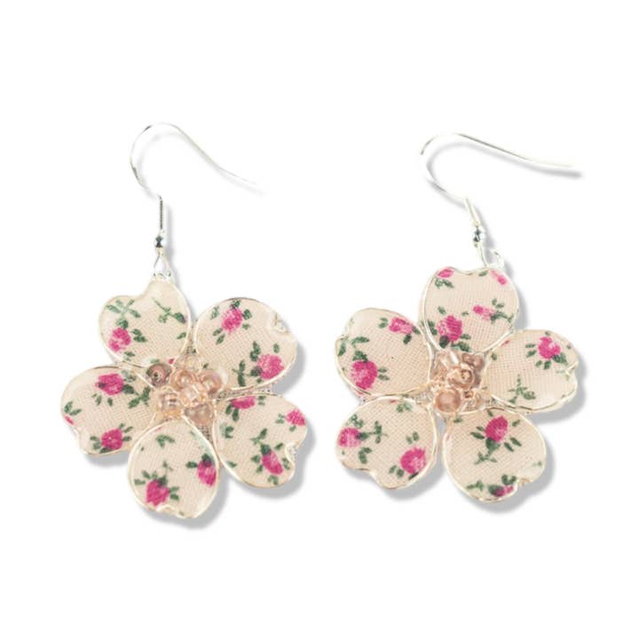 Pink Flower Power Textile Fish Hook Earrings for wholesale by Perennial Peaces