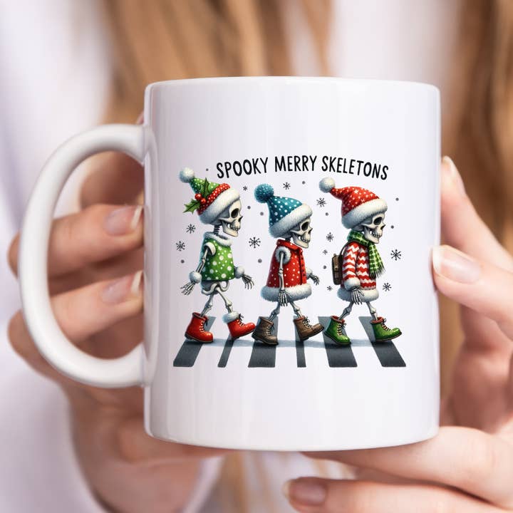 Spooky Merry Skeletons Christmas Mug for wholesale by Mug Boss Inc.