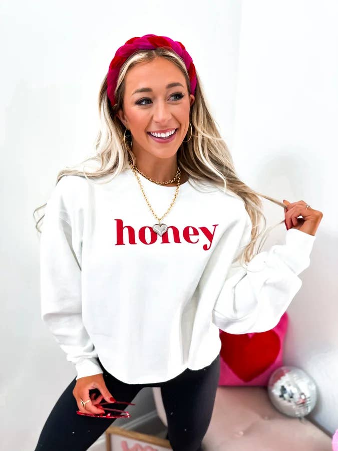 Honey Cropped White Graphic Crewneck for wholesale by birdie