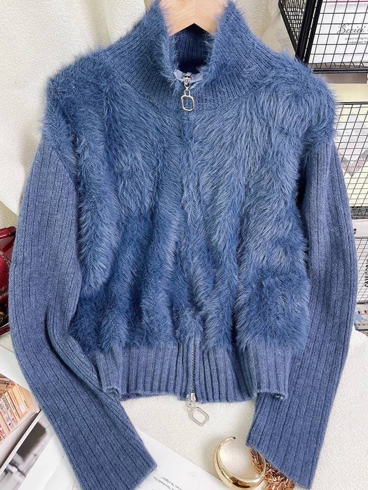Lynlås Mock Neck Fuzzy Cardigan for engroshandel hos Soli Echo