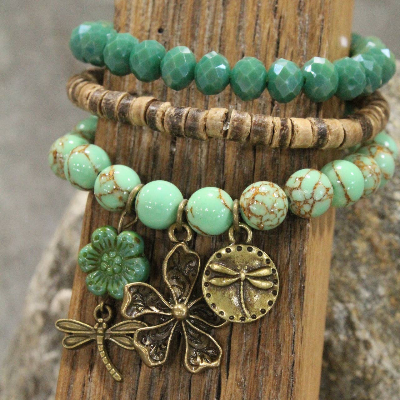 The Primitive Peddler, Inc. - Wholesale Charm/Dangle Bracelet - Picasso Wildflower Glass Bead Dragonfly Bracelet Set1