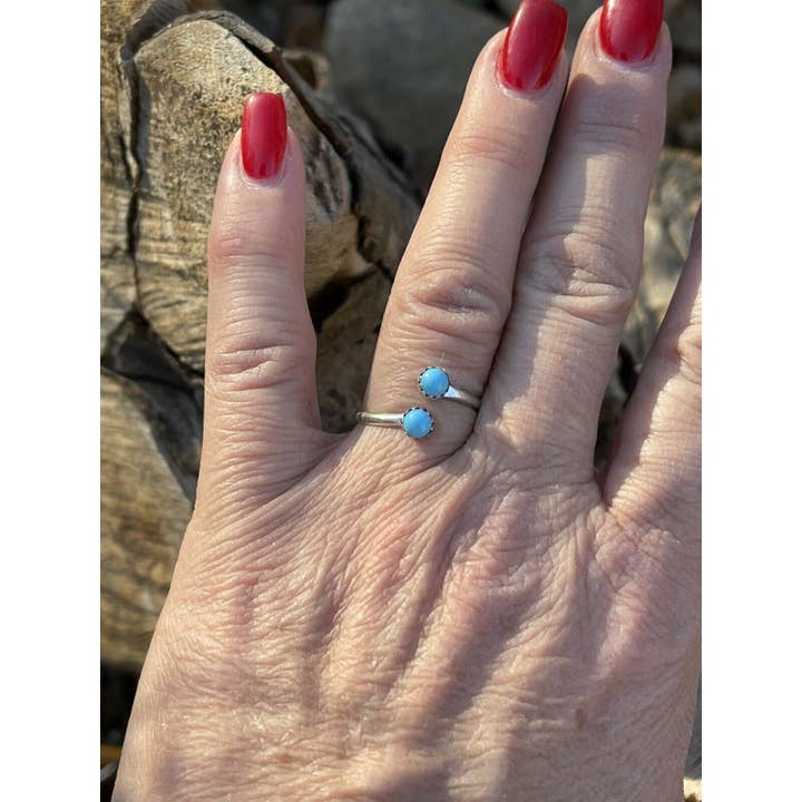 Nizhonitradersllc - Wholesale Single Stone/Solitaire Ring - Navajo Turquoise Double Stone & Sterling Silver Adjustable Ring