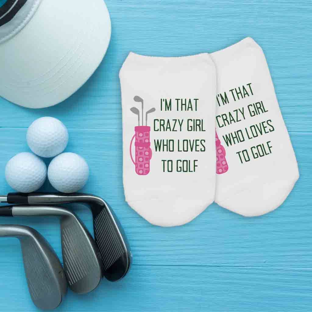White I'm That Crazy Girl Who Loves To Golf - Novelty Golf Socks for wholesale on Faire2