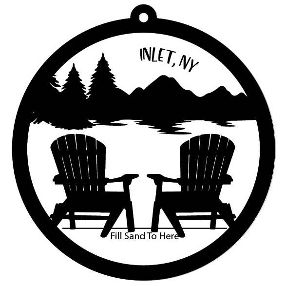 Sand Keepsake Ornament - Chairs w/ Pine Trees & Mountains for wholesale by The Cottonseed Marketplace