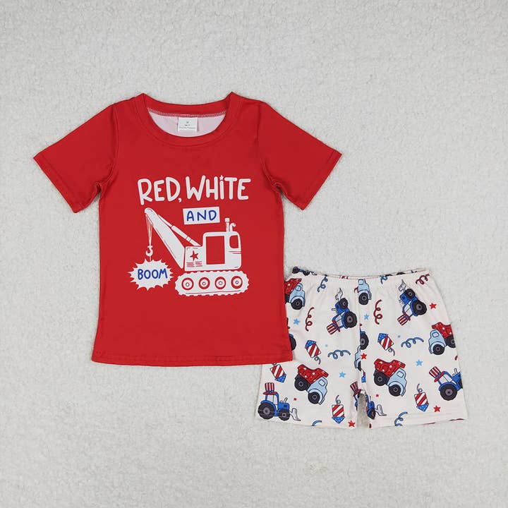 Aier Wholesale - Wholesale Top & Short Set - Kids - Baby Boys Red 4th Of July Truck Tee Shorts Clothes Sets