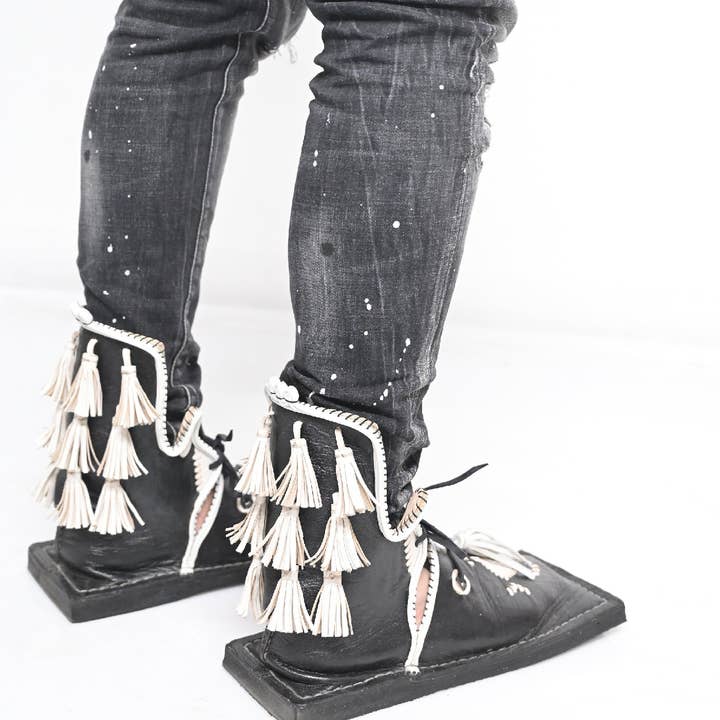 Bønes and Balløøns - Wholesale Boots - Women's - Unisex Black And White Hand-Made Traditional Moroccan Craftsmanship Leather Shoes - Variation I5