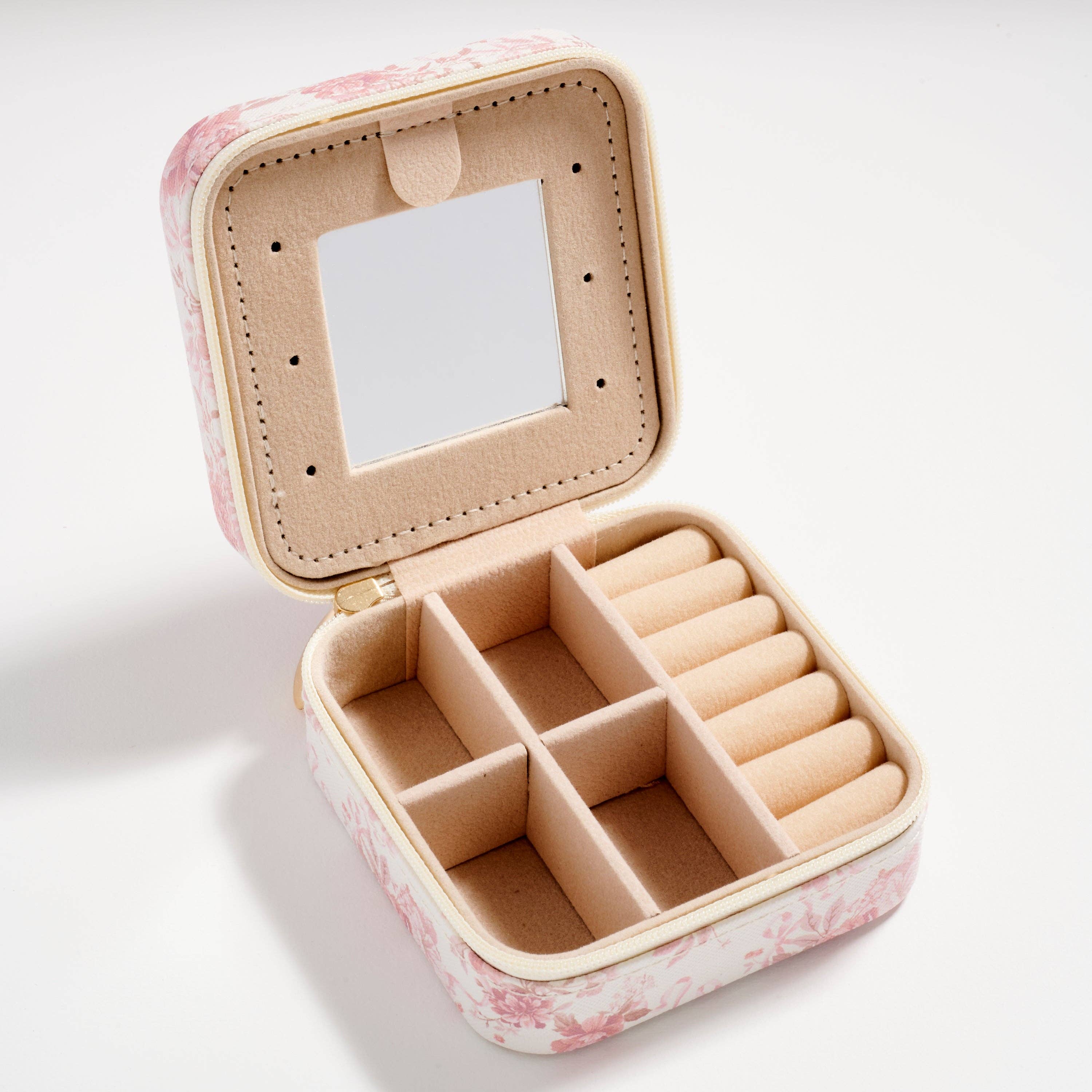 IV Blommigt rese-smyckeskrin med spegel – Kompakt organisatör för ringar, örhängen och halsband för wholesale på Faire1
