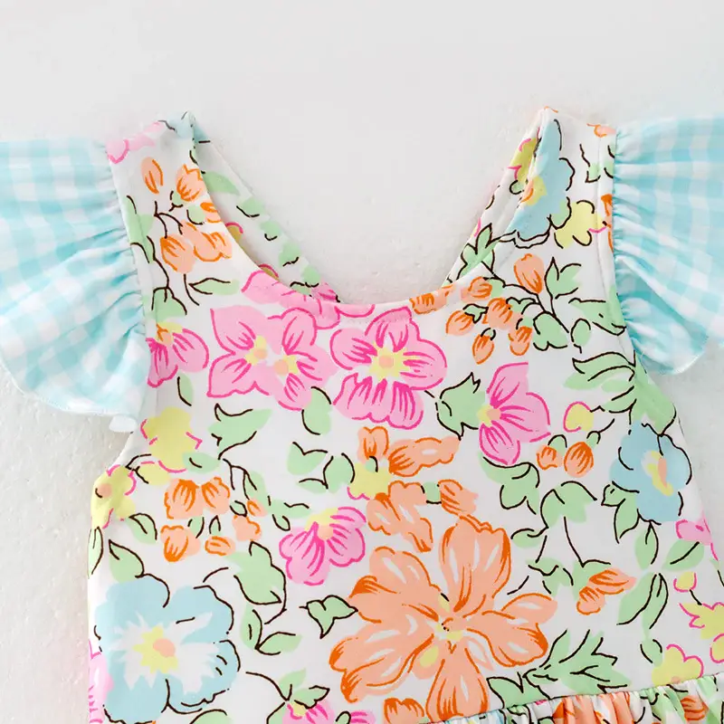 Auraquise - Vente Robe – enfant - Robe à volants à imprimé floral avec nœud et carreaux bleus pour filles d'été2