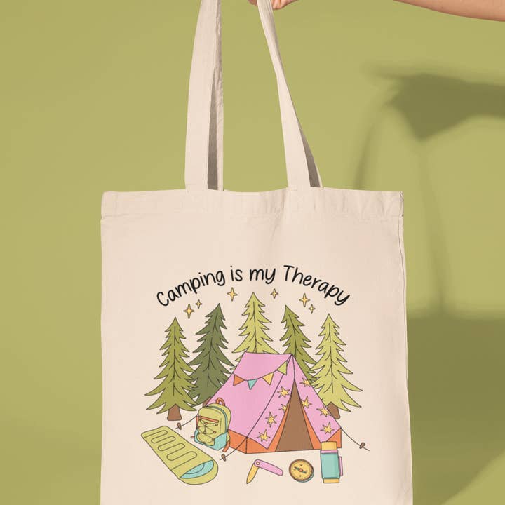 Camping Is My Therapy Tote Bag for wholesale by amarieacreates