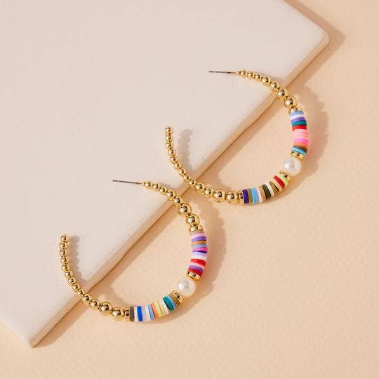 StarryNYC - Wholesale Hoop Earrings - Bohemian Heishi Bead & CCB Pearl Beaded Hoop Post Earrings6