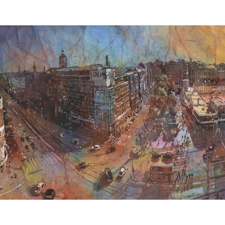 Helsinki Finland aerial view colorful watercolor batik landscape sunset decor Finnish architecture painting (print) for wholesale by Ryan Fox Fine Art