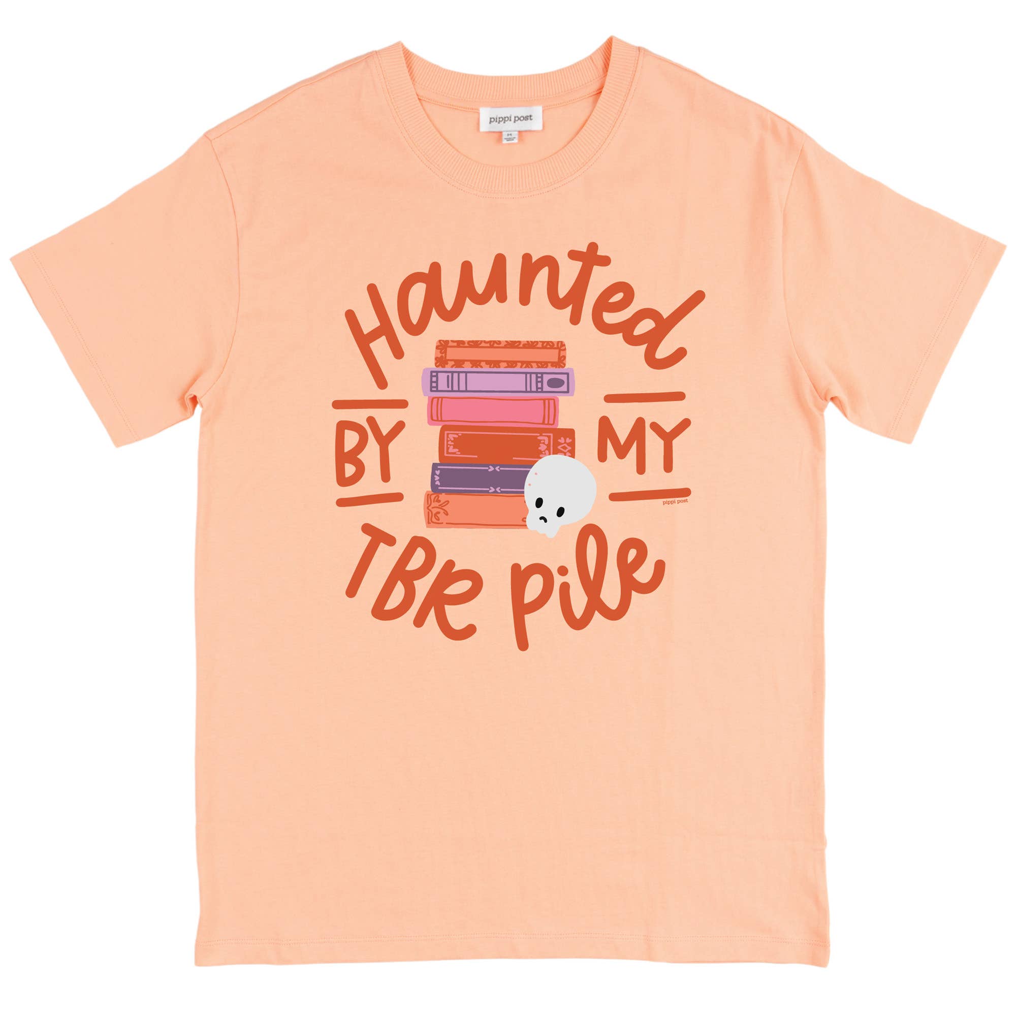 Pippi Post - Wholesale Screen Printed T-Shirt - Women's - Haunted By My TBR Pile - Pippi Tee - Peachy Pink1