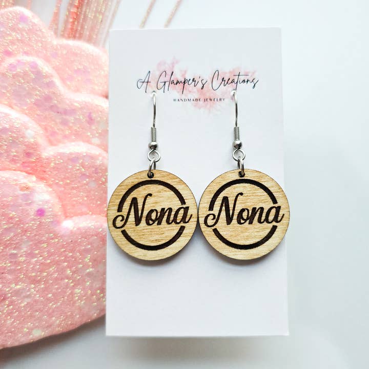 A Glamper's Creations LLC - Wholesale Dangle Earrings - Mother's Day Wooden Circle Earrings - Nona