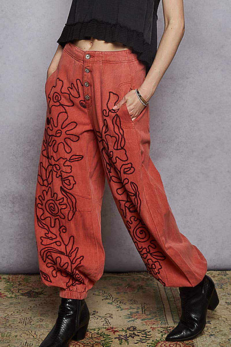 Pol Clothing - Wholesale Pants - Women's - Floral embroidered pattern solid twill pants1