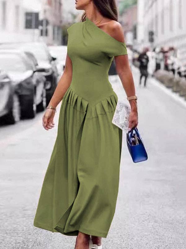 Sheer Trend - Wholesale Dress - Women's - Short Sleeves Asymmetric Pleated Solid Color One-Shoulder Midi Dresses5