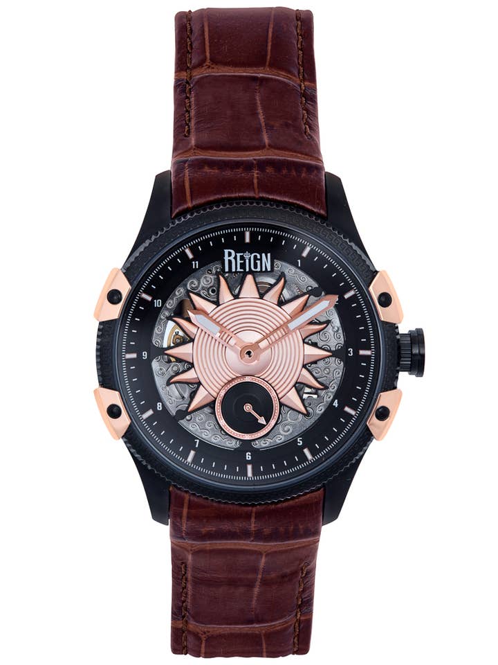 Reign Solstice Automatic Leather-Band Skeleton Watch for wholesale by Reign