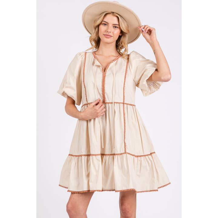 Beige RUSTIC TIERED PRAIRIE MINI DRESS (SD7694) for wholesale on Faire6