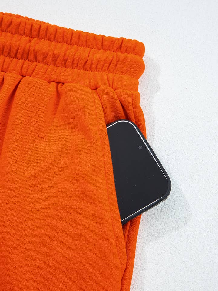 Orange Varsity Striped Sleeve Drop Shoulder Sweatshirt and Short Set for wholesale on Faire3