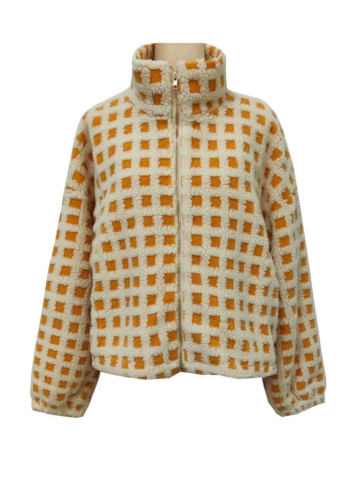 Rosa Clothing - Wholesale Jacket - Women's - Checkered Gingham Sherpa zip-up jacket 6 COLORS13