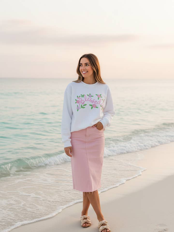 Blessed Embroidered Classic Unisex Sweatshirt for wholesale by Pearly Peach