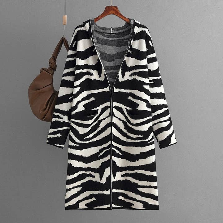 V-Tie Hooded Long-Sleeved Zebra Print Coat for wholesale by Ekartini