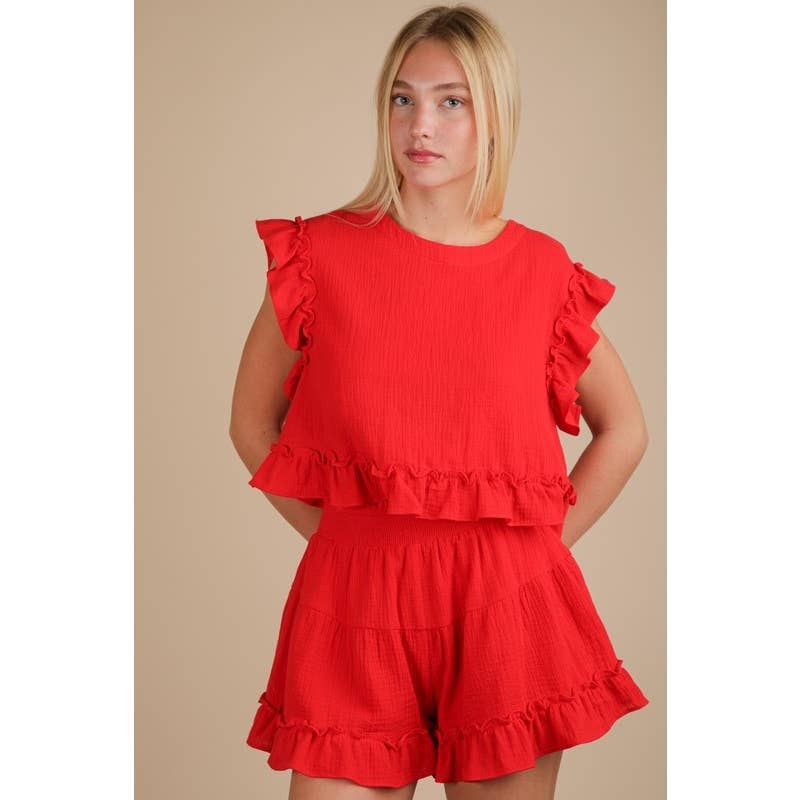 IVE - Vente Ensemble haut et short (PAS d'intérieur) - Femme - Ensemble haut tissé uni à volants ET short6