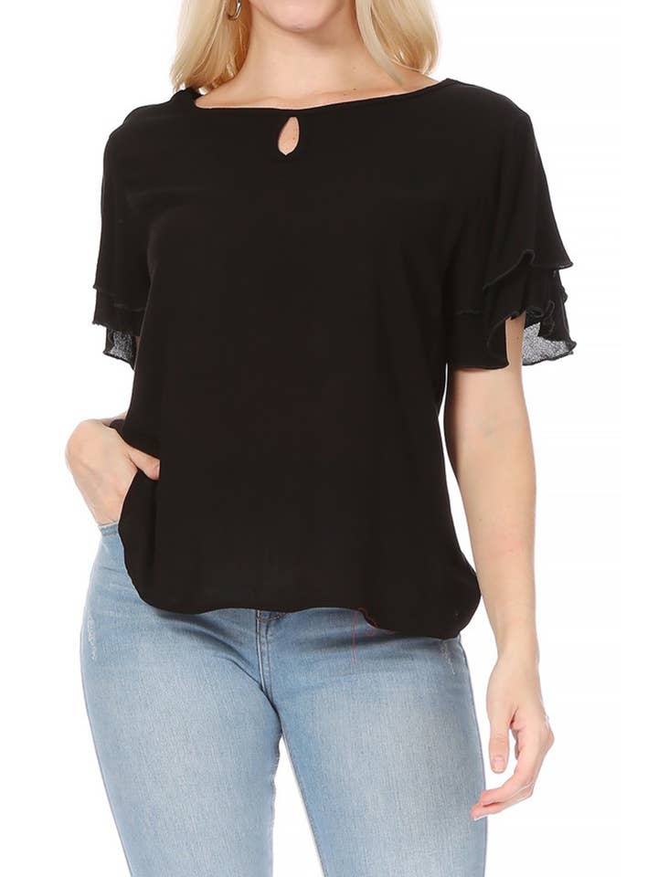 MOA COLLECTION - Wholesale Blouse - Women's - Casual Solid Flowy Short Flutter Sleeve Key Hole Blouse
