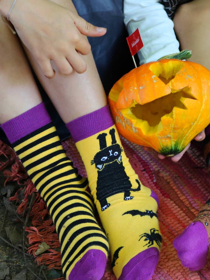 Sokisahtel I BestSockDrawer – wholesale Socks – Unisex – DEXTER Halloween socks with a black cat and stripes1