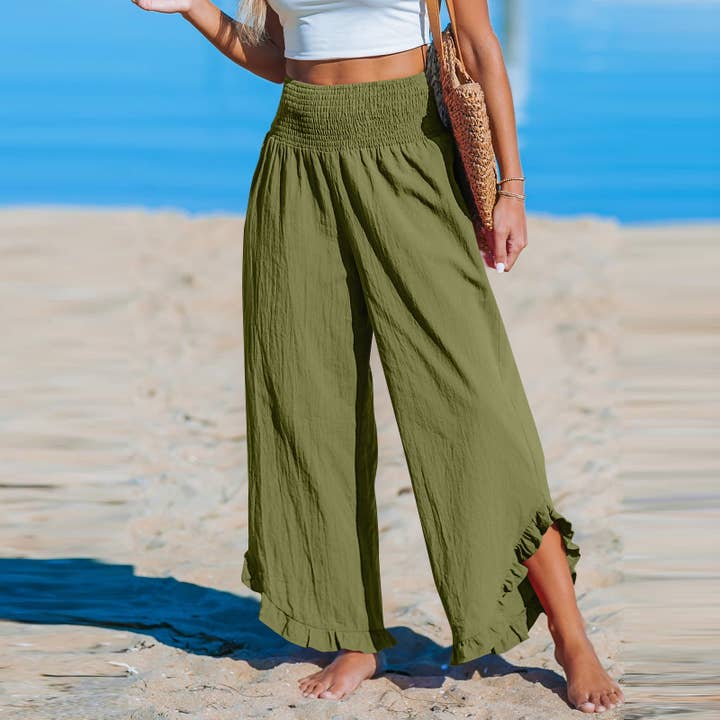 Rosa Clothing - Wholesale Pants - Women's - Smocked Elastic Waist Ruffled Wide Leg Pants5