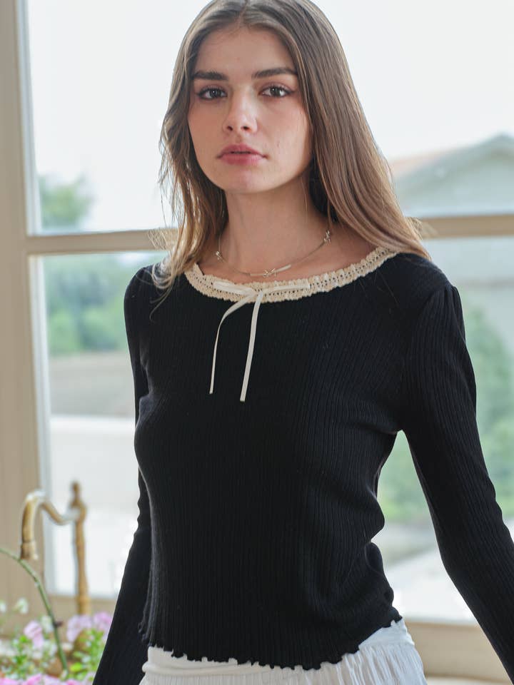 RP2548 - Knit Top with Lace and Ribbon (Black) for wholesale by ROSIE POSIE