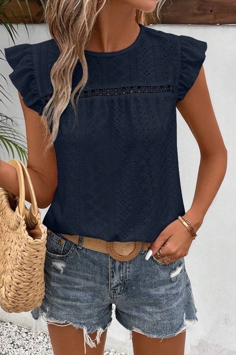 NINEXIS - Wholesale Blouse - Women's - CWTBLS0605_ ROUND NECK LACE RUFFLE SHORT SLEEVE BLOUSE TOP8