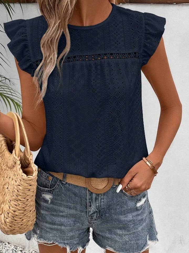 NINEXIS - Wholesale Blouse - Women's - CWTBLS0605_ ROUND NECK LACE RUFFLE SHORT SLEEVE BLOUSE TOP8