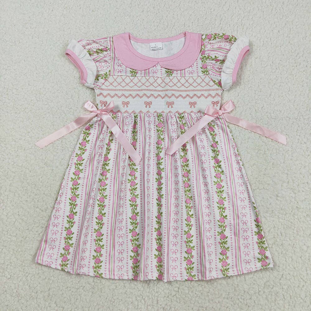 Aier Wholesale - Wholesale Dress - Kids - Smocked Embroidery Bows Baby Girls Flowers Stripe Knee Length Dresses0