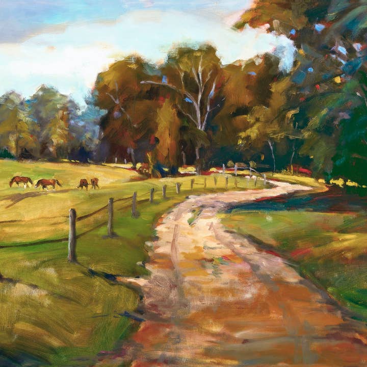 Chemin de campagne avec chevaux, imprimé en métal brillant pour la vente par John Beard Fine Art