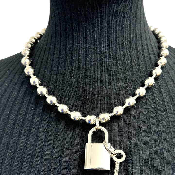 FC956SQ-SIL PADLOCK PENDANT BALL CHAIN NECKLACE for wholesale by Funk Plus