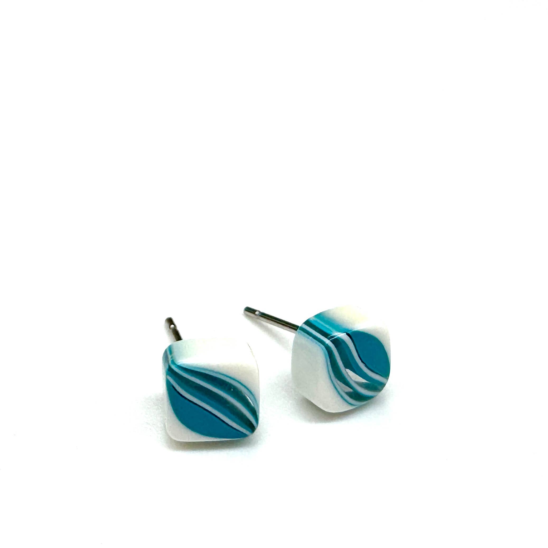 Leetie Lovendale - Wholesale Stud/Post Earrings - Aqua Blue & White Striped Square Cane Slice Stud Earrings1