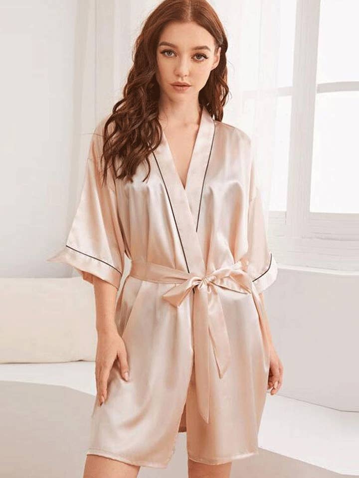 Silk Kimono Robe Plain Beige Color Short Length Gown Kimono Duster Robe for wholesale on Faire3