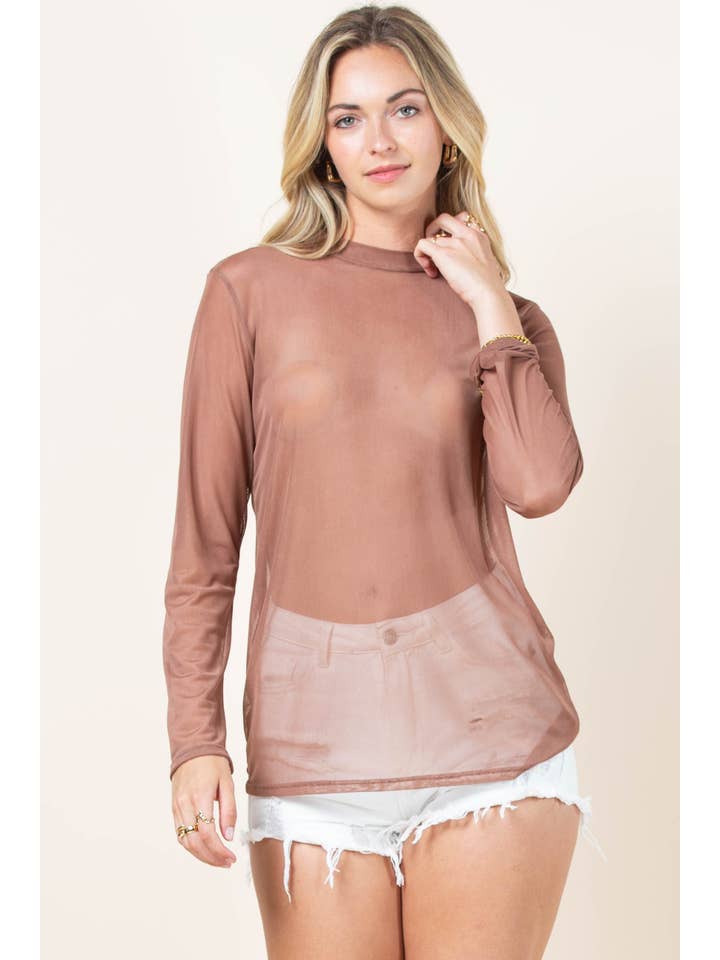 Mocha AV1230-GEMMA SOLID SEMI SHEER LONG SLEEVE MESH TOP for wholesale on Faire8