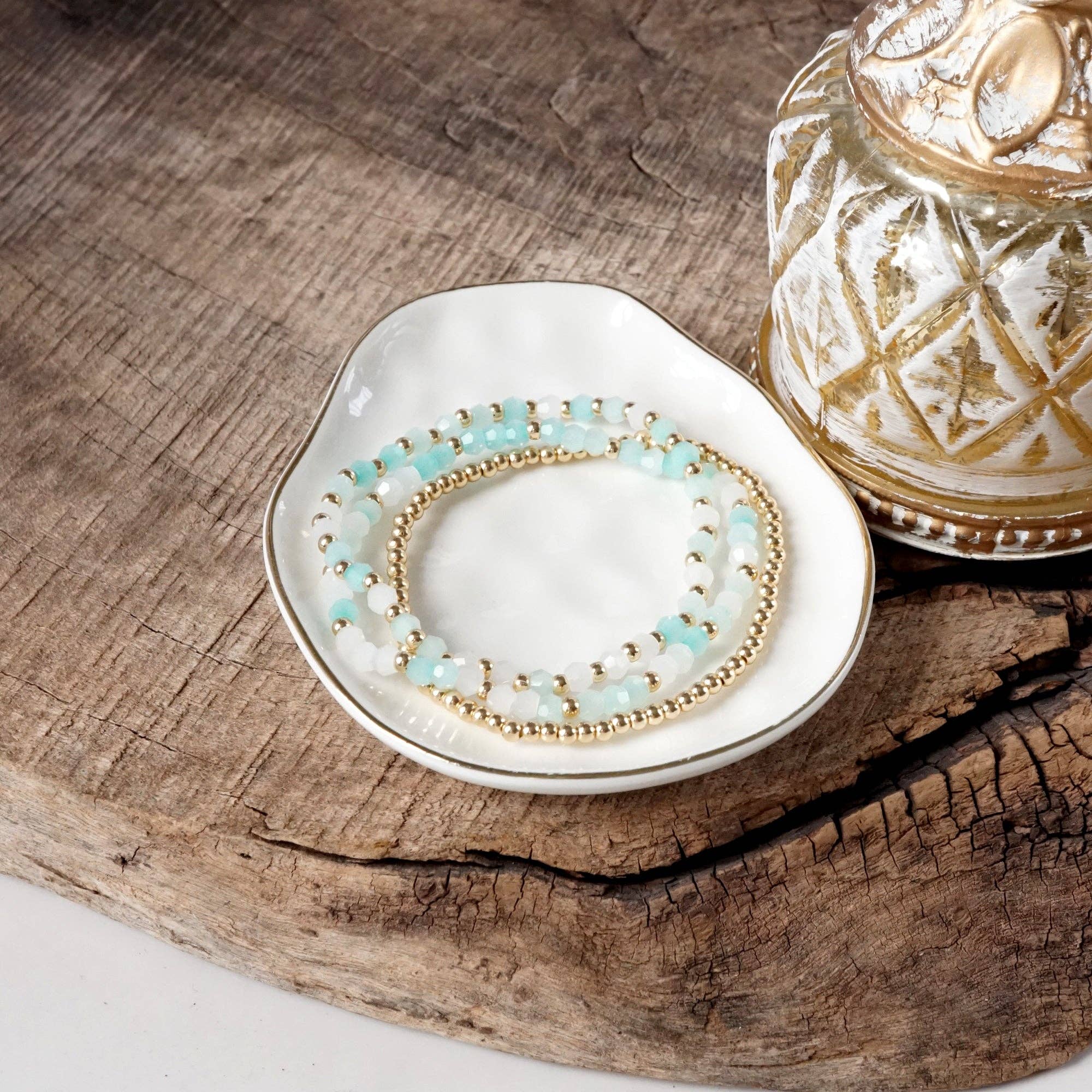 PennyLine inc - Wholesale Beaded Bracelet - Small Gold tone and Glass beads bracelet stack of 3 bracelets - Pink Mint Multi1