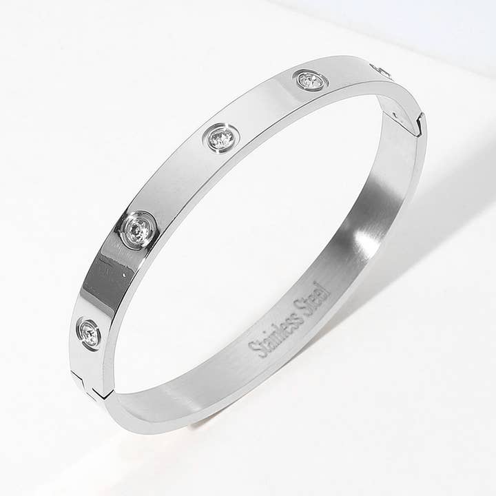 Sensibling Corp. - Wholesale Bangle Bracelet - Stainless Steel Stone Paved Hinged Bangle Bracelet