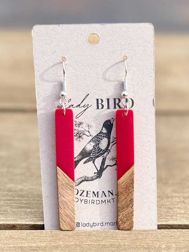 Walnut Wood & Deep Cherry Red Resin Stick Earrings – Gold or Silver for wholesale by Lady Bird Market