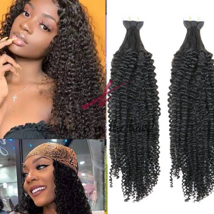 Natural Color B Kinky Curly | Tape In Human Hair Extensions | Brazilian Virg for wholesale on Faire