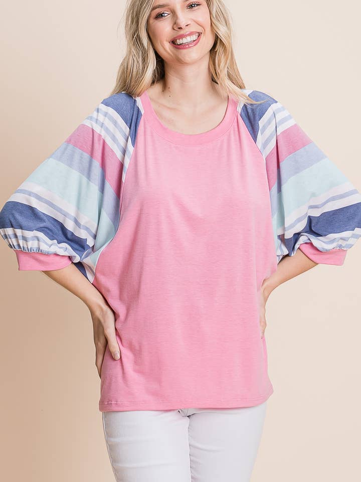 ETK-8446 Striped Puff Sleeves Casual Top for wholesale by Emerald Collection