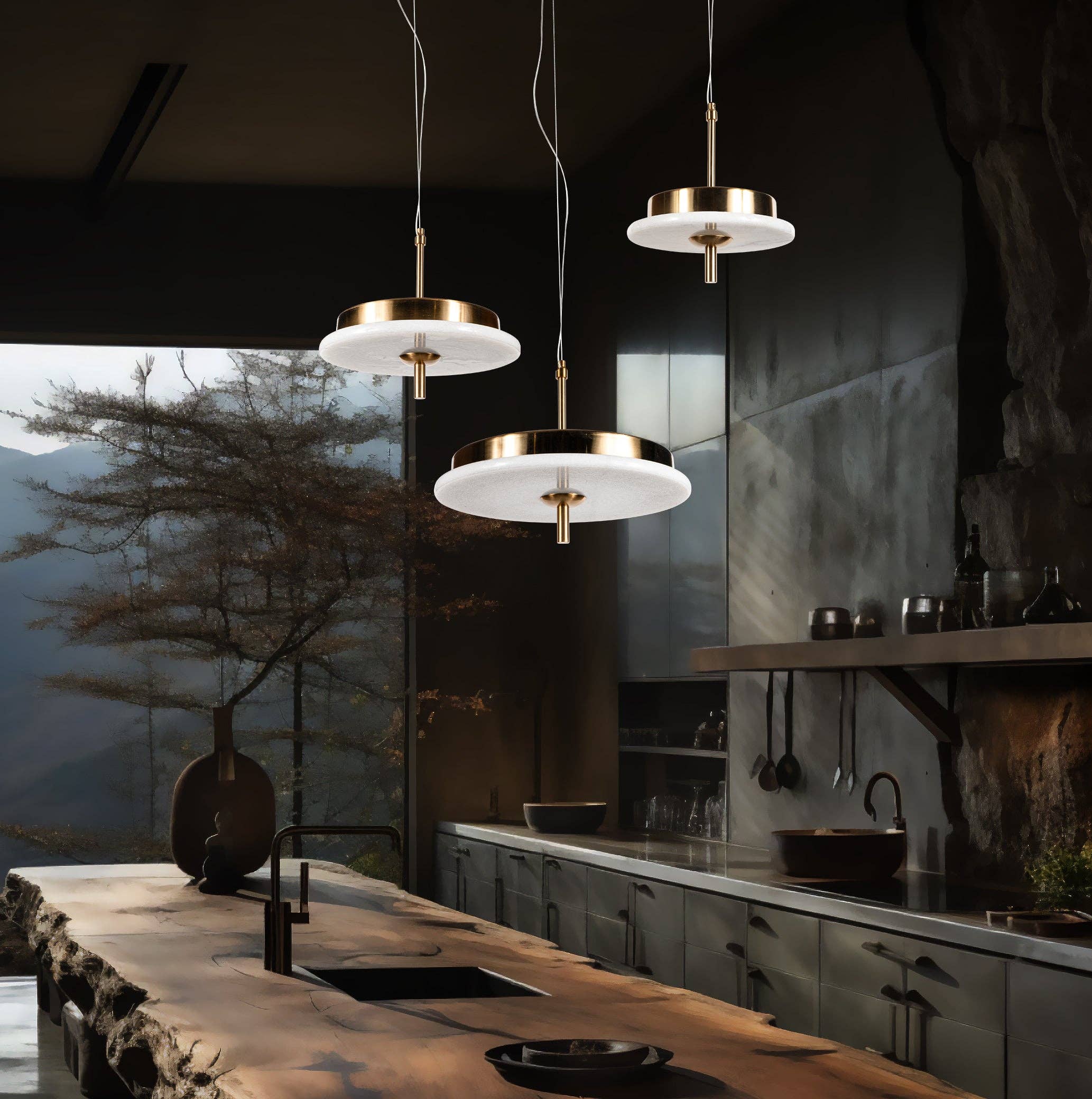 Eclipse Lighting - Wholesale Chandelier/Hanging Light - Luxury Marble LED Pendant Light for Dining Table & Kitchen Island – Custom Brass Fixture, Natural Stone Disc Chandelier, Alabaster Marble1