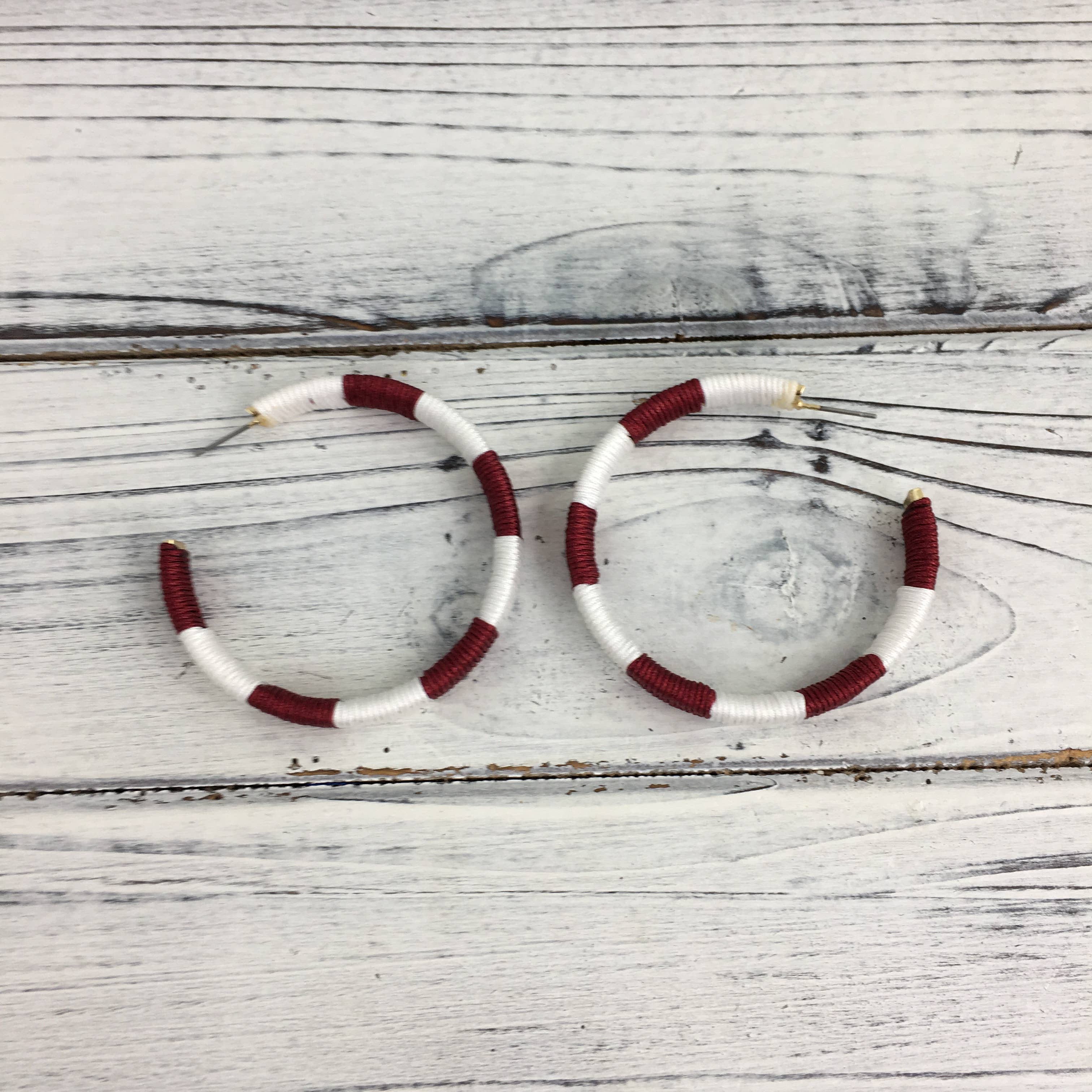 SongLily - Wholesale Hoop Earrings - Burgundy and white threaded hoop earrings