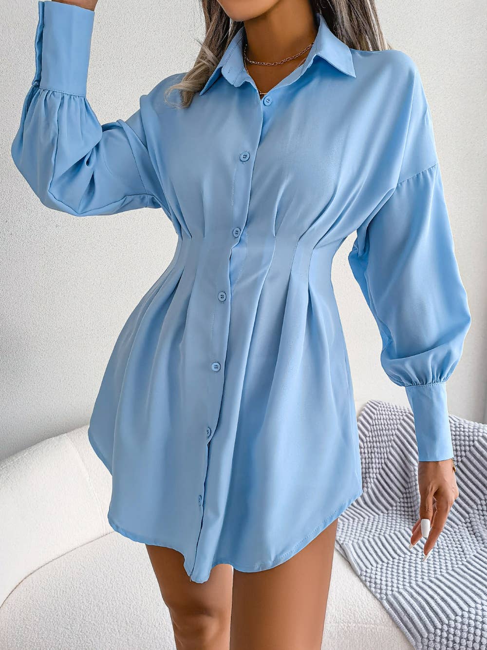 Anna Kaci Wholesale – wholesale Dress – Women's – Pleated-Waist Button-Front Shirt Dress9