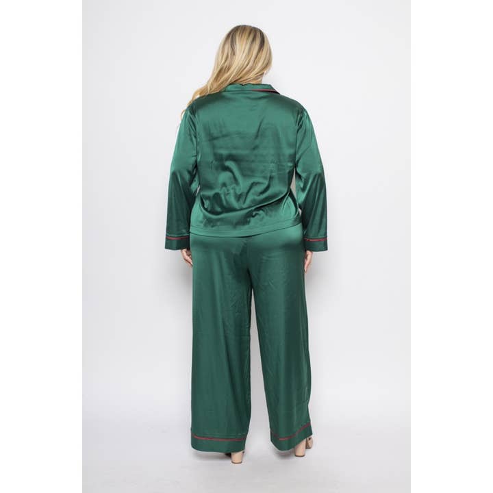 Curve Market - Wholesale Sleepwear Set - Women's - PLUS SIZE SATIN CONTRAST BINDING COLLARED BUTTON DOWN SHIRT