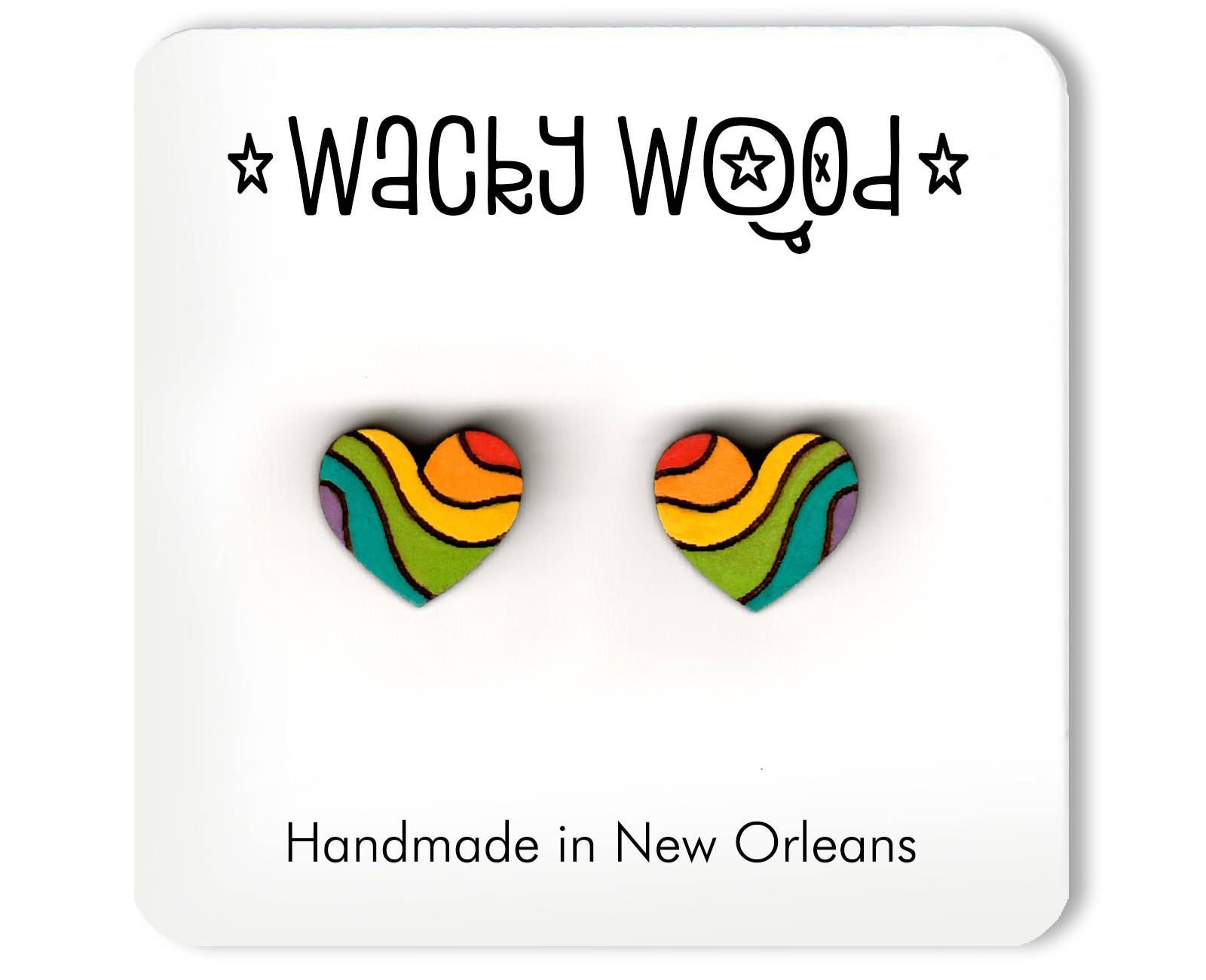 Wacky Wood – wholesale Stud/post earrings – Groovy Heart Earring, Pride Earrings, Rainbow Fun Gift