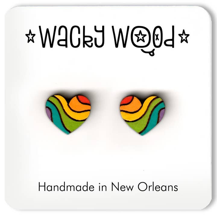 Wacky Wood – wholesale Stud/post earrings – Groovy Heart Earring, Pride Earrings, Rainbow Fun Gift