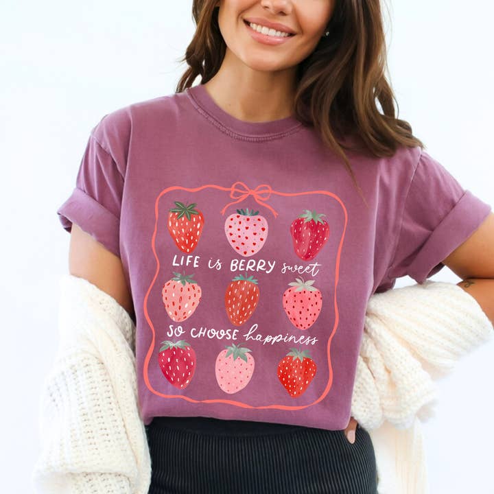 Scripted Pearl - Wholesale Screen Printed T-Shirt - Women's - Life Is Berry Sweet Strawberries Comfort Colors T Shirt2